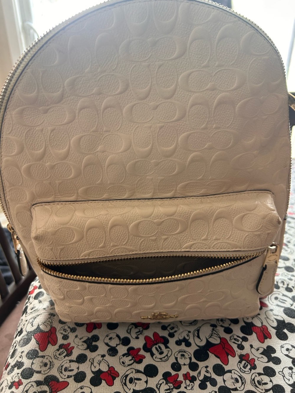 Coach Cream Embossed Signature Backpack with Gold Hardware
